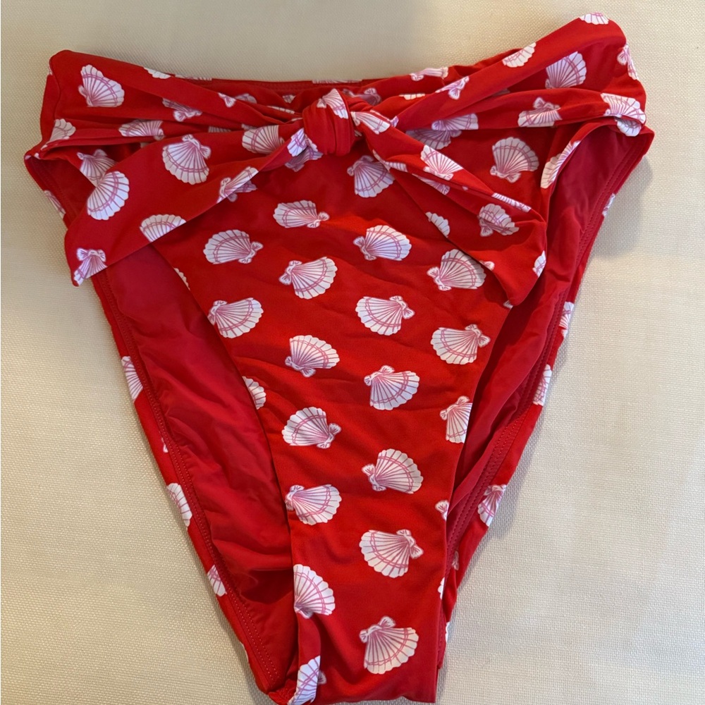 Red High-Waisted Bikini Bottom with Shell Print